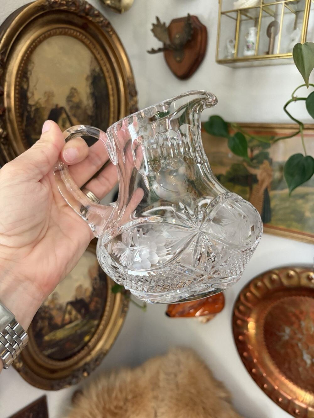 Vintage Crystal Pitcher Vase American Brilliant Cut Glass Squat Pitcher EAPC